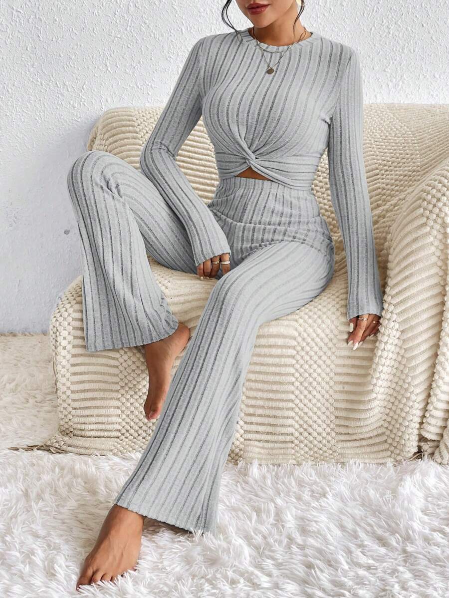 SHEIN Frenchy 2pcs/Set Women Solid Color Twist Round Neck Long Sleeve Top And Pants Casual Outfit