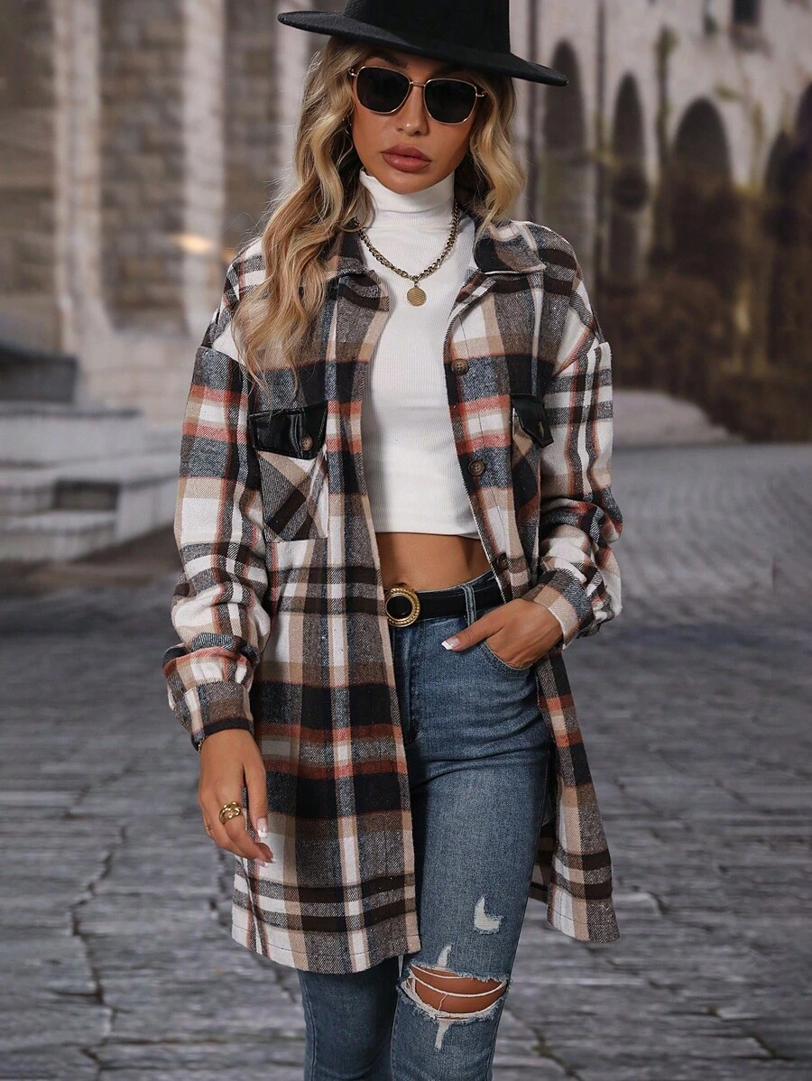 SHEIN LUNE Women's Front Button Long Sleeve Pocket Plaid Casual Jacket, Simple Design