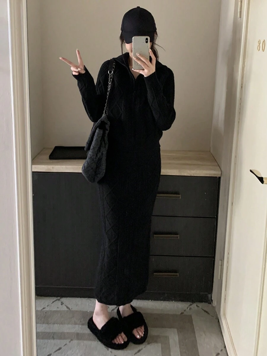 DAZY Women 2pcs Set Solid Color Long Sleeve Top And Skirt Casual Knitted Sweater, Autumn/Winter