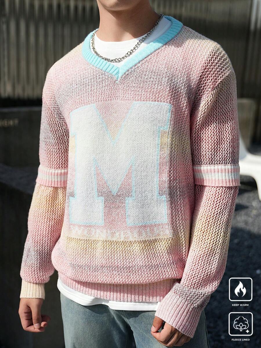 Manfinity Hypemode Men's V-Neck Letter Print Long Sleeve Casual Knit Sweater, Autumn/Winter