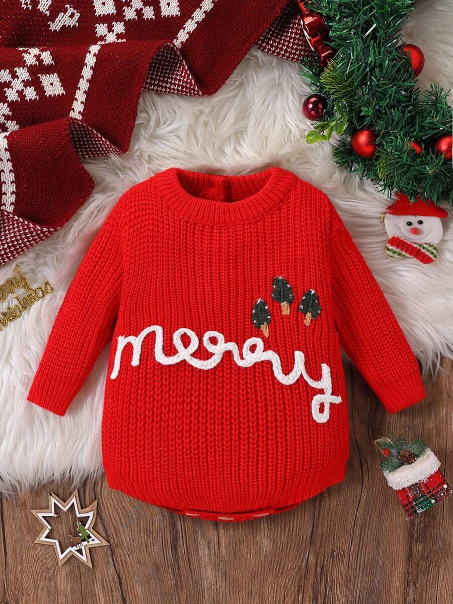 Baby Girls & Boys Knitted Long Sleeve Sweater Onesie, Cozy & Warm, Suitable For Autumn/Winter. Features Christmas Tree Embroidery Design, Comfortable For Everyday Wear, Holiday, Home, Outdoors, And Travel