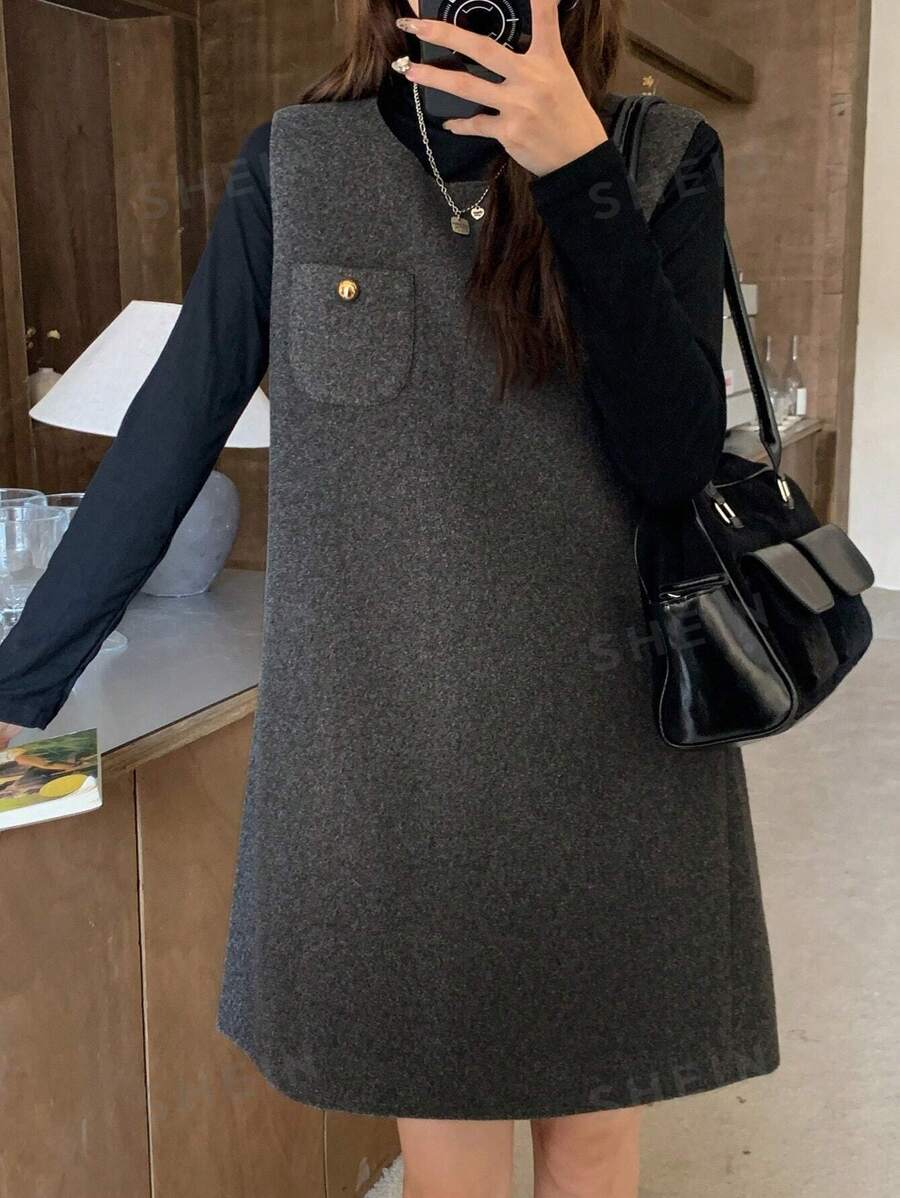 DAZY Vestido casual de largo medio con cuello redondo y bolsillo, para uso casual diario