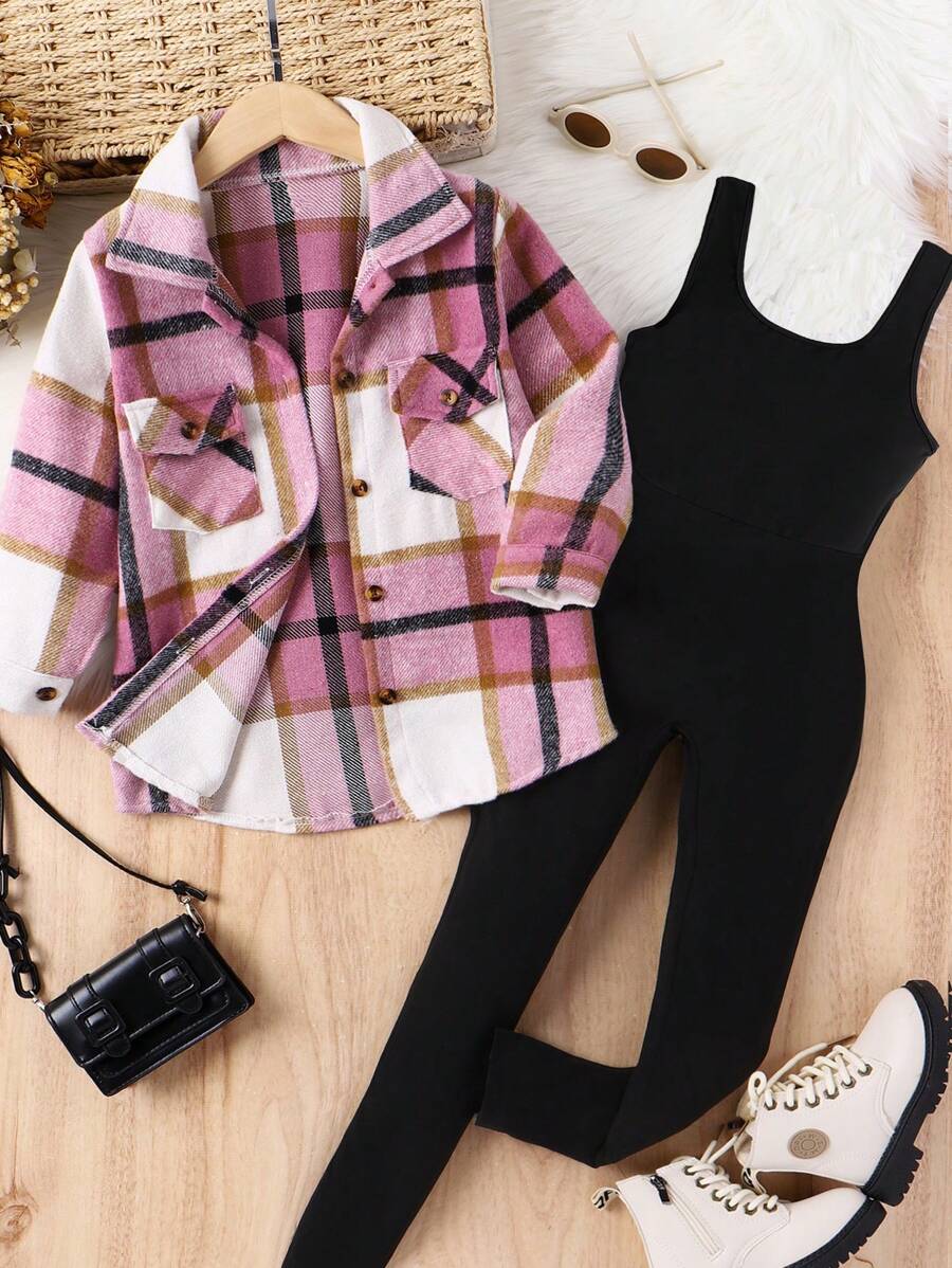 SHEIN TEENgirl Plaid Pink Jacket With Black Leginsy Swobodny strój szkolny/uliczny, powrót do szkoły