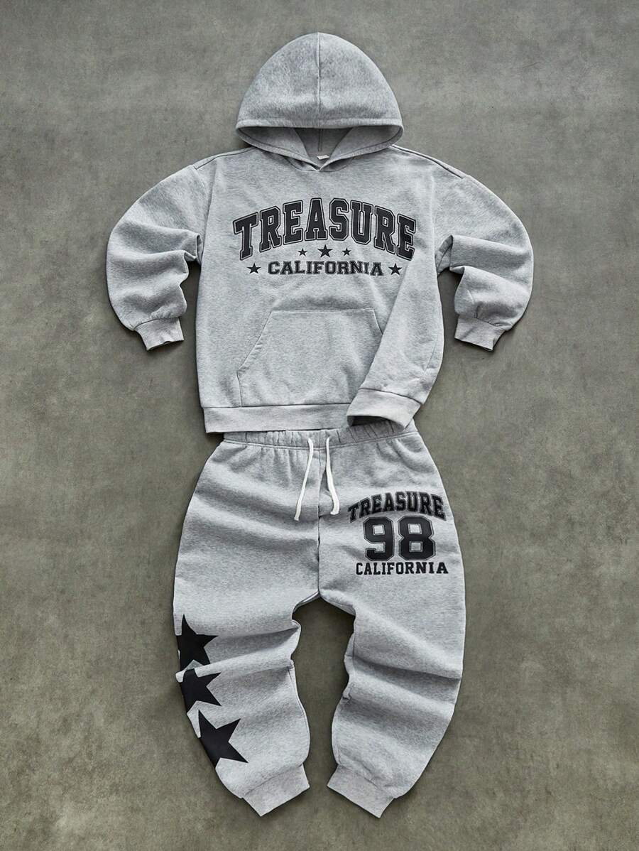 SHEIN 2 stuks/set tienerjongens losse patroon hoodie en joggingbroek set