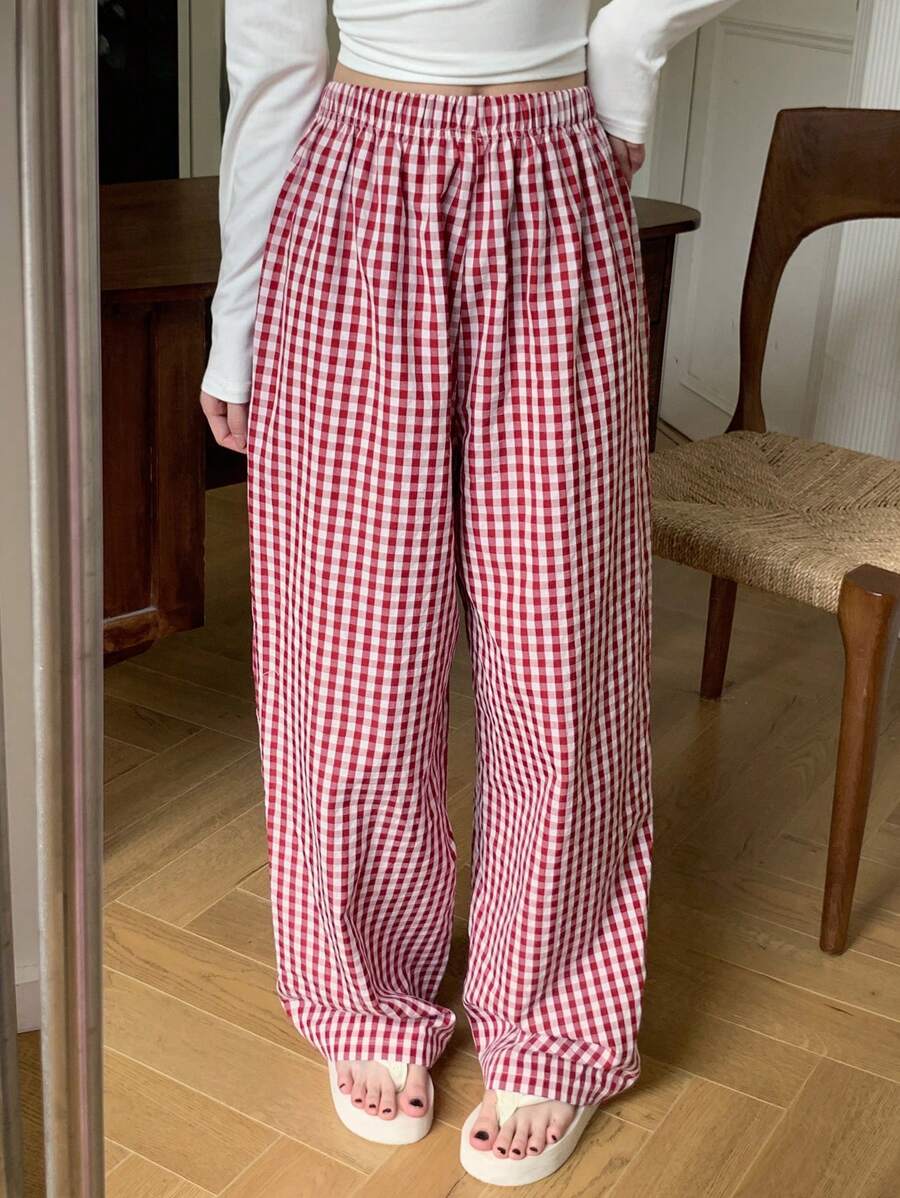 DAZY Pantalones de pijama rectos y holgados de estilo minimalista a cuadros