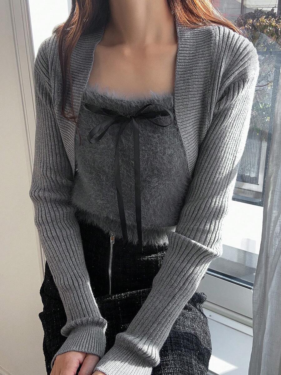 FRIFUL 2pcs Women Solid Color Long Sleeve Cardigan And Bow Decor Camisole Knit Top Set, Autumn/Winter