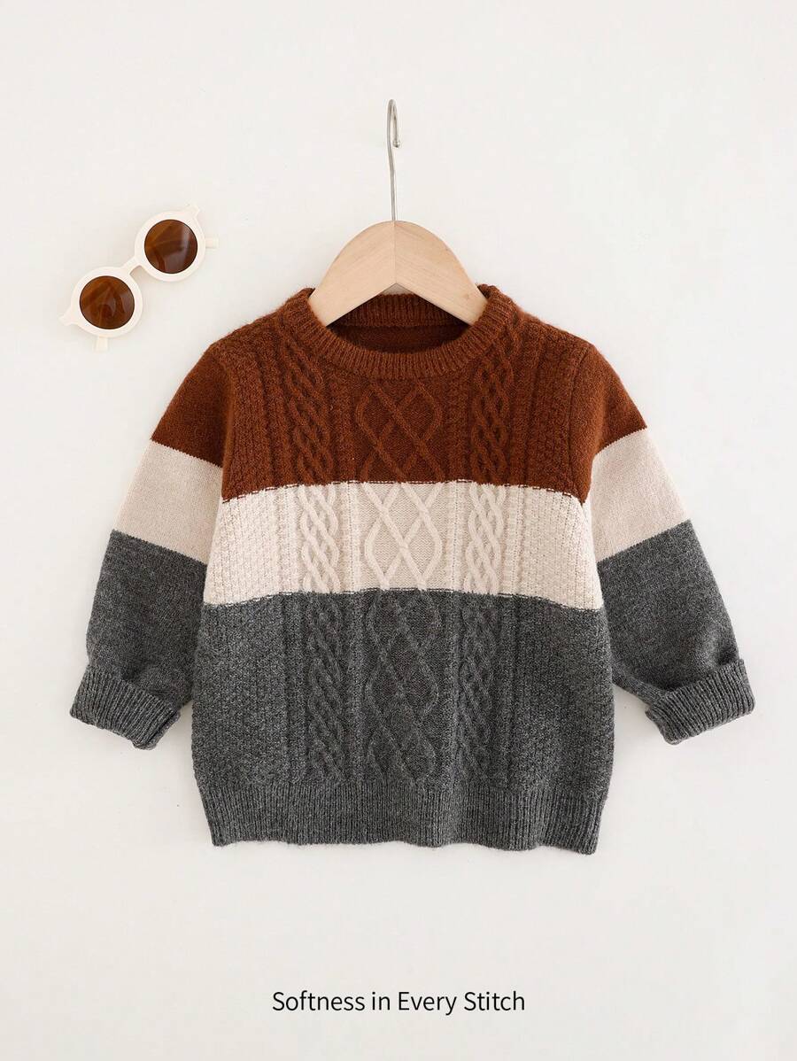 Cozy Pixies Maglia girocollo a maniche lunghe in maglia morbida a trama intrecciata con colori a contrasto, per ragazzo giovane