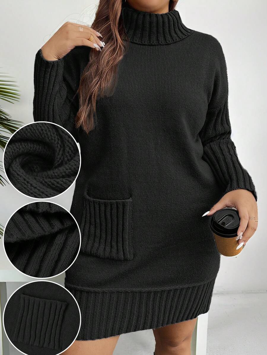 SHEIN LUNE Robe-pull casual à col roulé, manches longues, poches, couleur unie, grande taille, automne/hiver