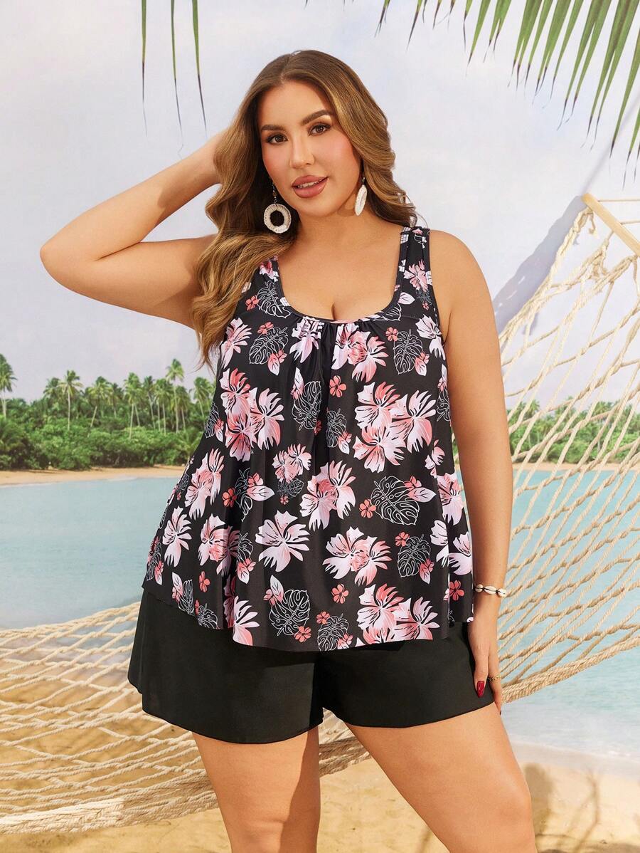Swim Lushoire Plus Size Women Floral Print Casual Tankini Swimsuit, Bez rękawów Lato