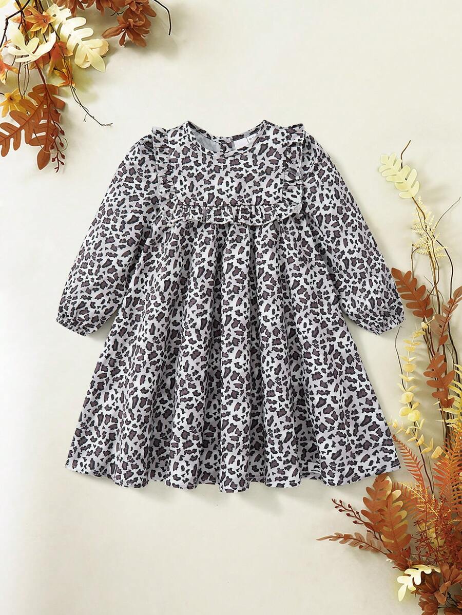 Animal Planet X SHEIN Rochie cu mâneci lungi, cu mâneci lungi, cu volante, cu imprimeu leopard, potrivită pentru toate anotimpurile