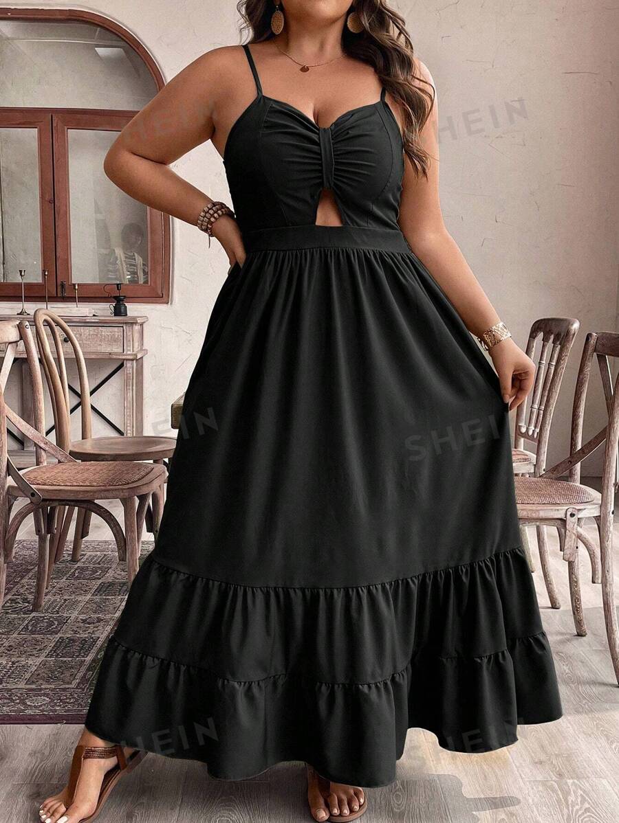 SHEIN LUNE Vestido largo de verano talla grande para mujer con abertura, tirantes finos, volantes y pliegues casuales