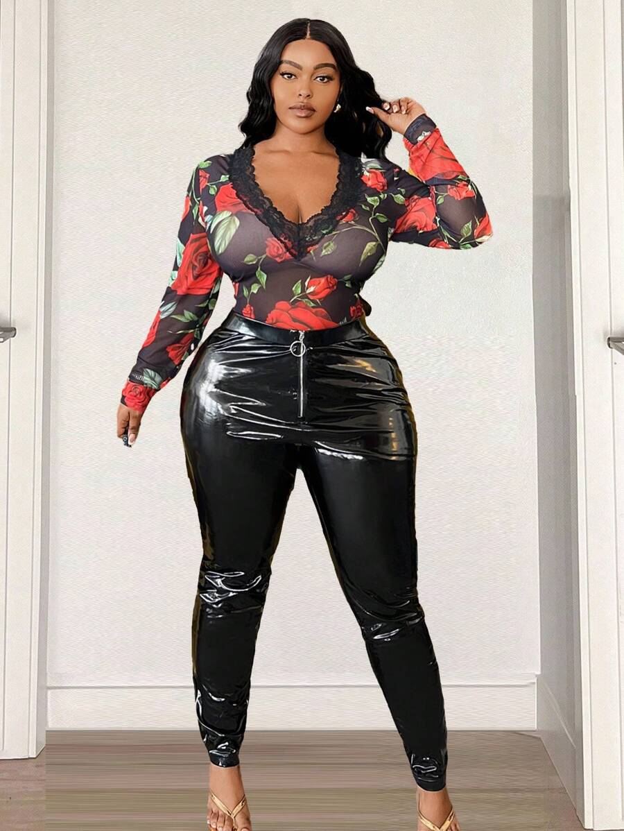 Slaydiva Valentine's Day Sexy Romantic Plus Size Women Rose Print Lace Patchwork Bodysuit With Long Sleeves