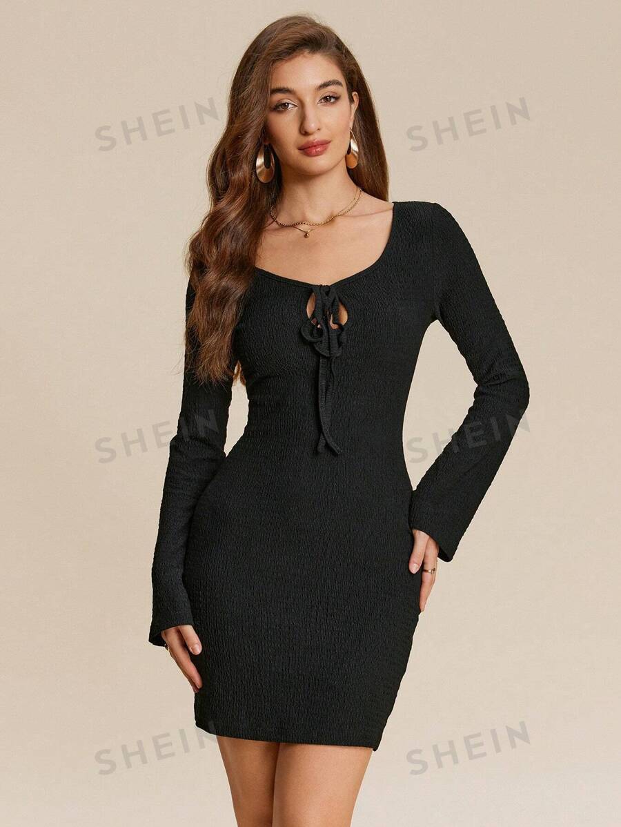 Calvaya Vestido ajustado de unicolor elegante con cuello con abertura y lazo frontal para mujer, otoño