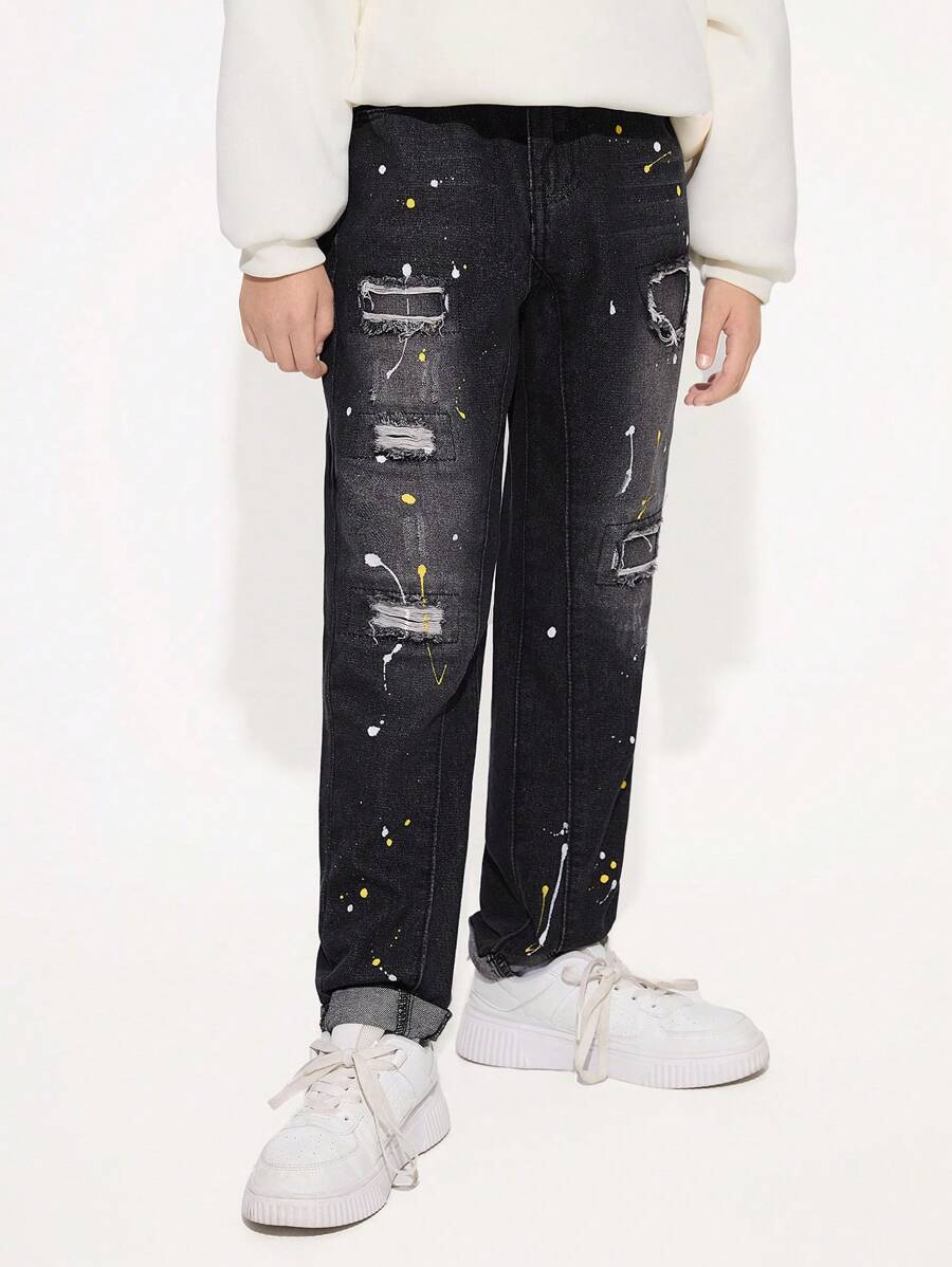 SHEIN Tween Boy Chic Fashion Street Daily Casual Hand-Made Color Spots Detail Ripped Cat Whiskers Detail Comfort Elastic Waist Zip Front Fastening Roll Up Hem Jeans With 5 Pockets, Boys Must-Have All Year Fashion Item
