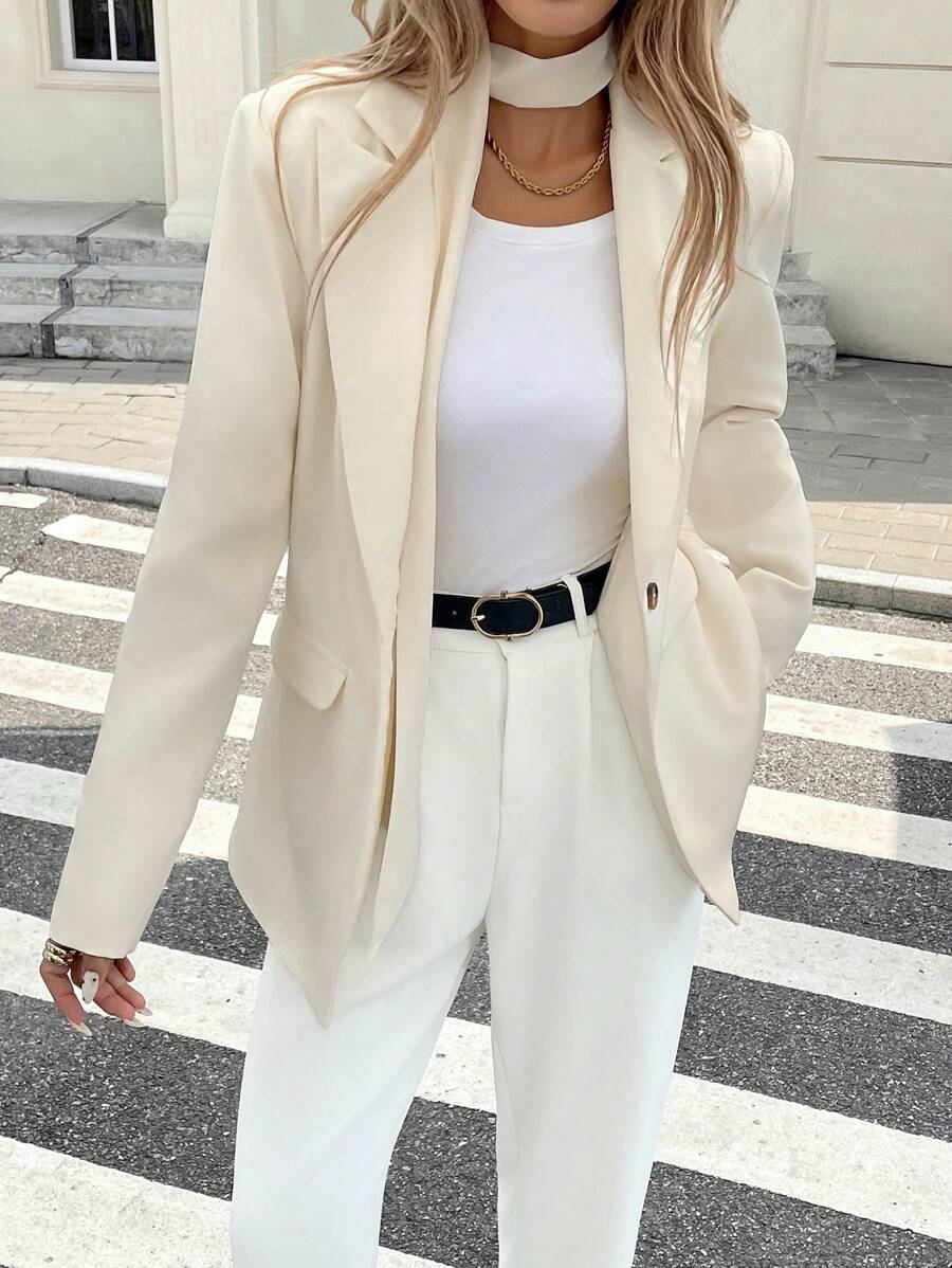 SHEIN Frenchy Women's Spring & Autumn Solid Color Lapel Collar Long Sleeve Single Button Elegant Blazer Jacket,Thermal/Warm Clothes,Cold Weather Clothes,Winter Women
