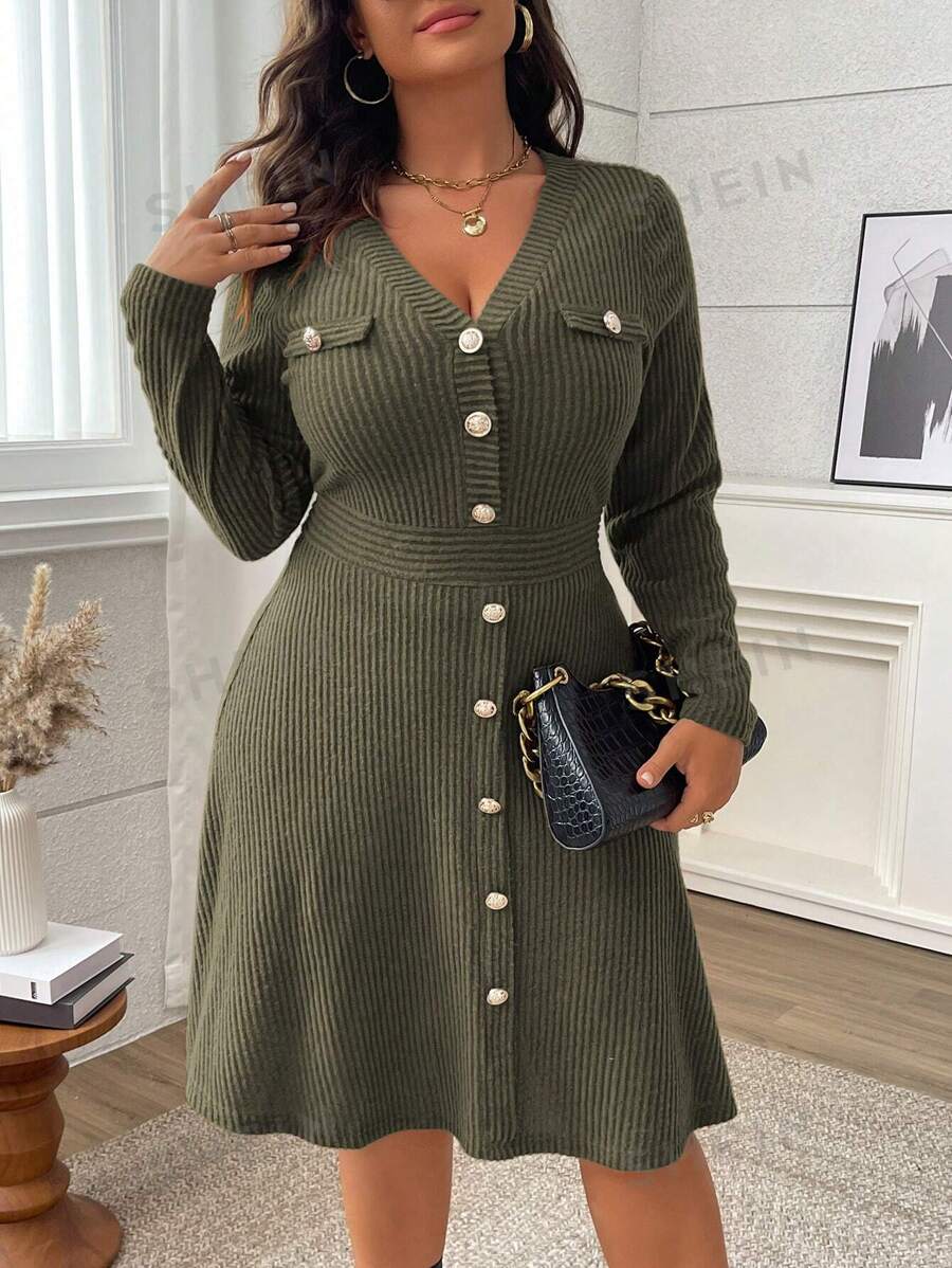 Franclia Vestido de manga larga con cuello en V con botones, borde acampanado en talla grande de un solo color