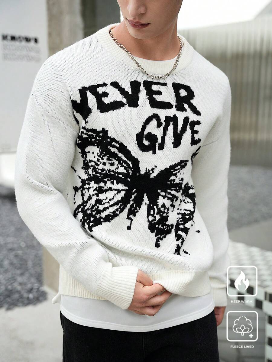 Manfinity Hypemode Suéter de cuello redondo con estampado de letras y mariposas, efecto de color block, de manga larga, para hombre, casual, para salidas con amigos en otoño/invierno