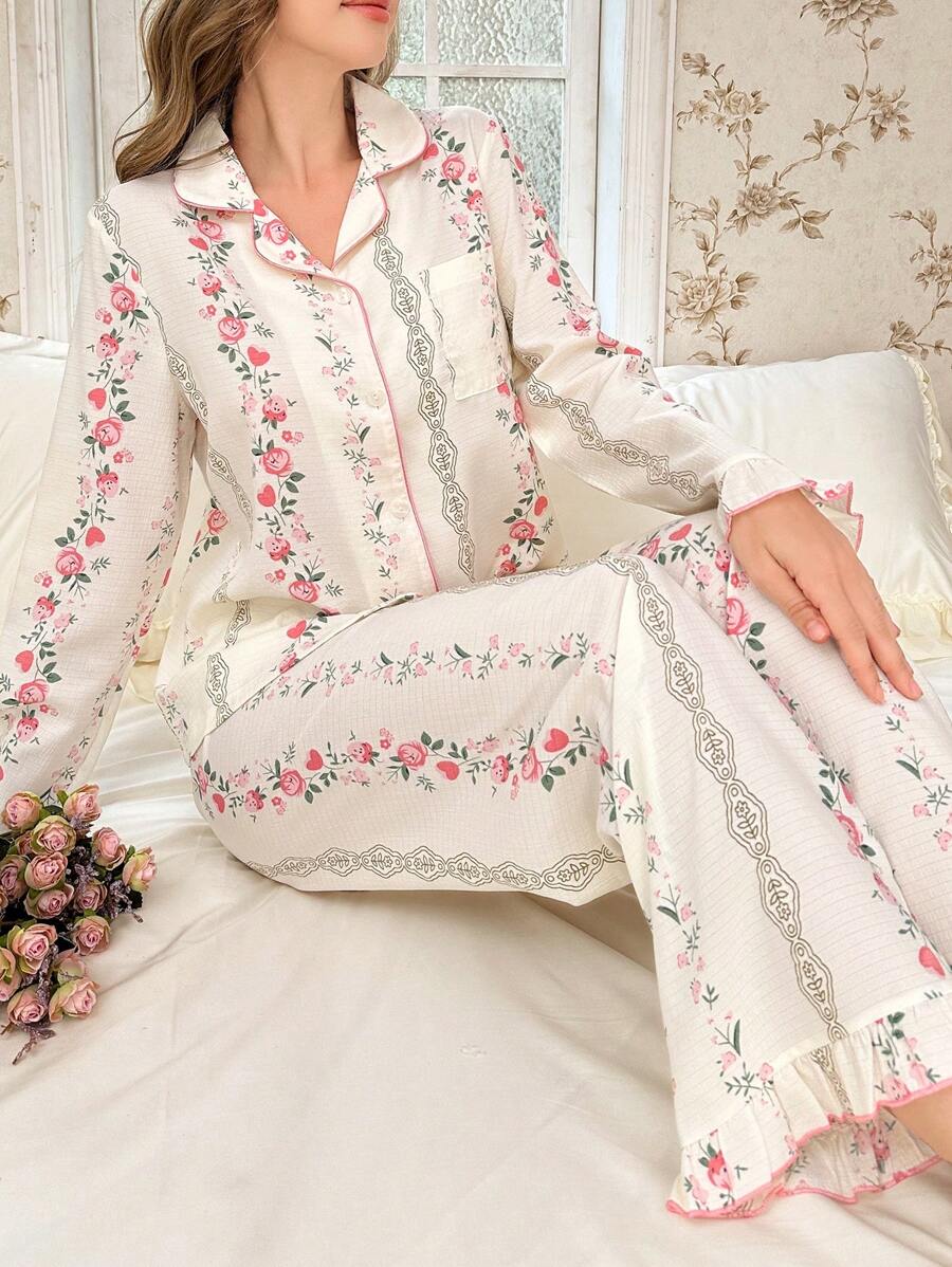 CottageSlumber Set de 2 piezas de pijama con estampado de textura de burbujas, cuello con volantes y apertura al frente, para temporada festiva y vacaciones