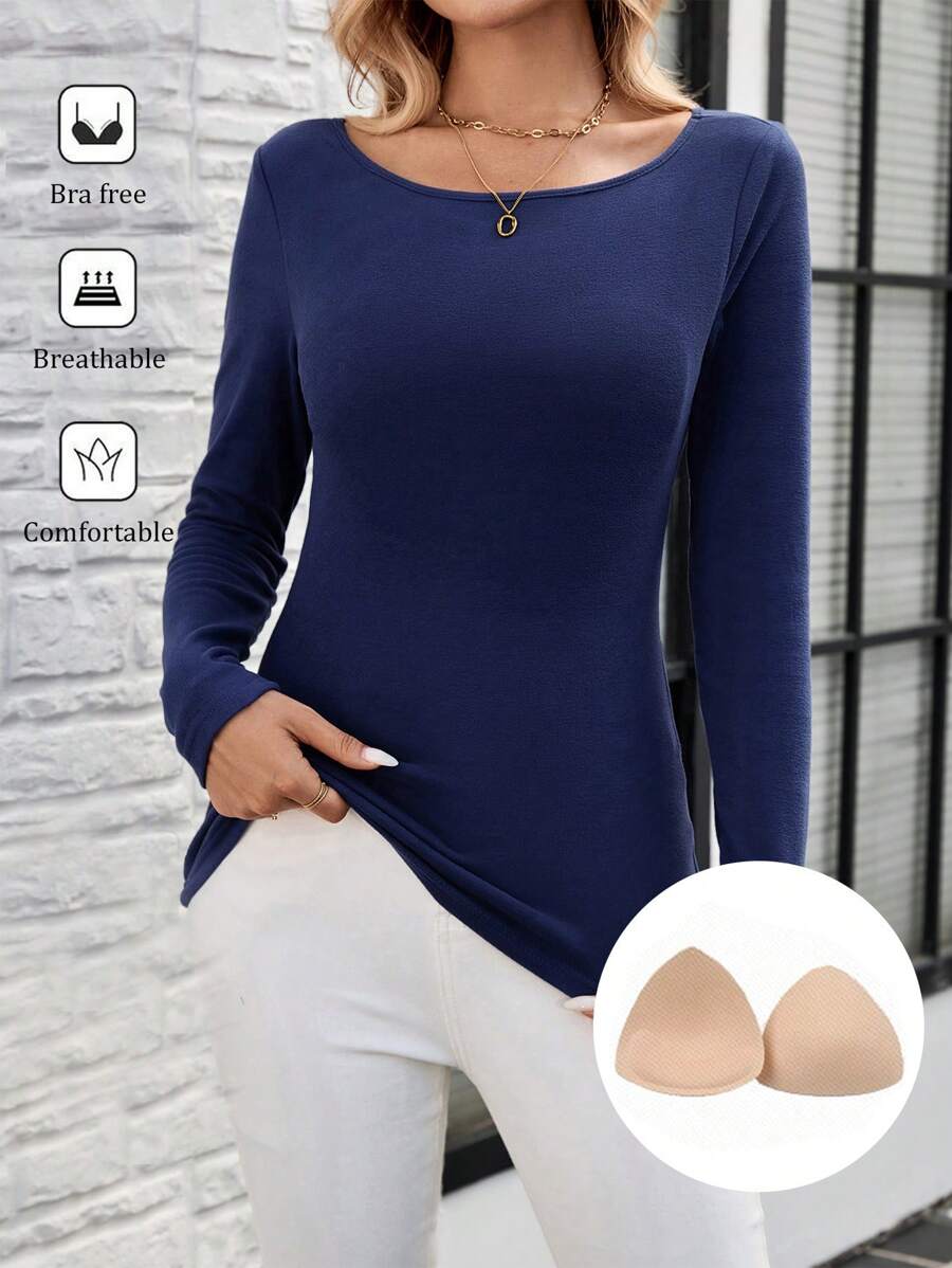 EMERY ROSE Women Casual Solid Color Crew Neck Long Sleeve Padded Breathable Fitted T-Shirt, Spring/Autumn
