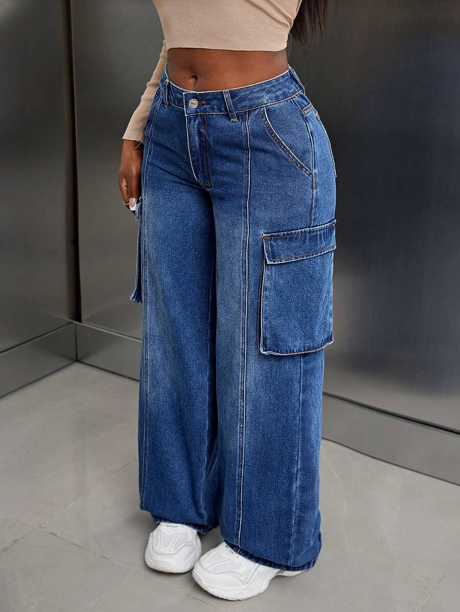 SHEIN SXY Women's Utility Pocket Wide Leg Relaxed Casual Denim Jeans