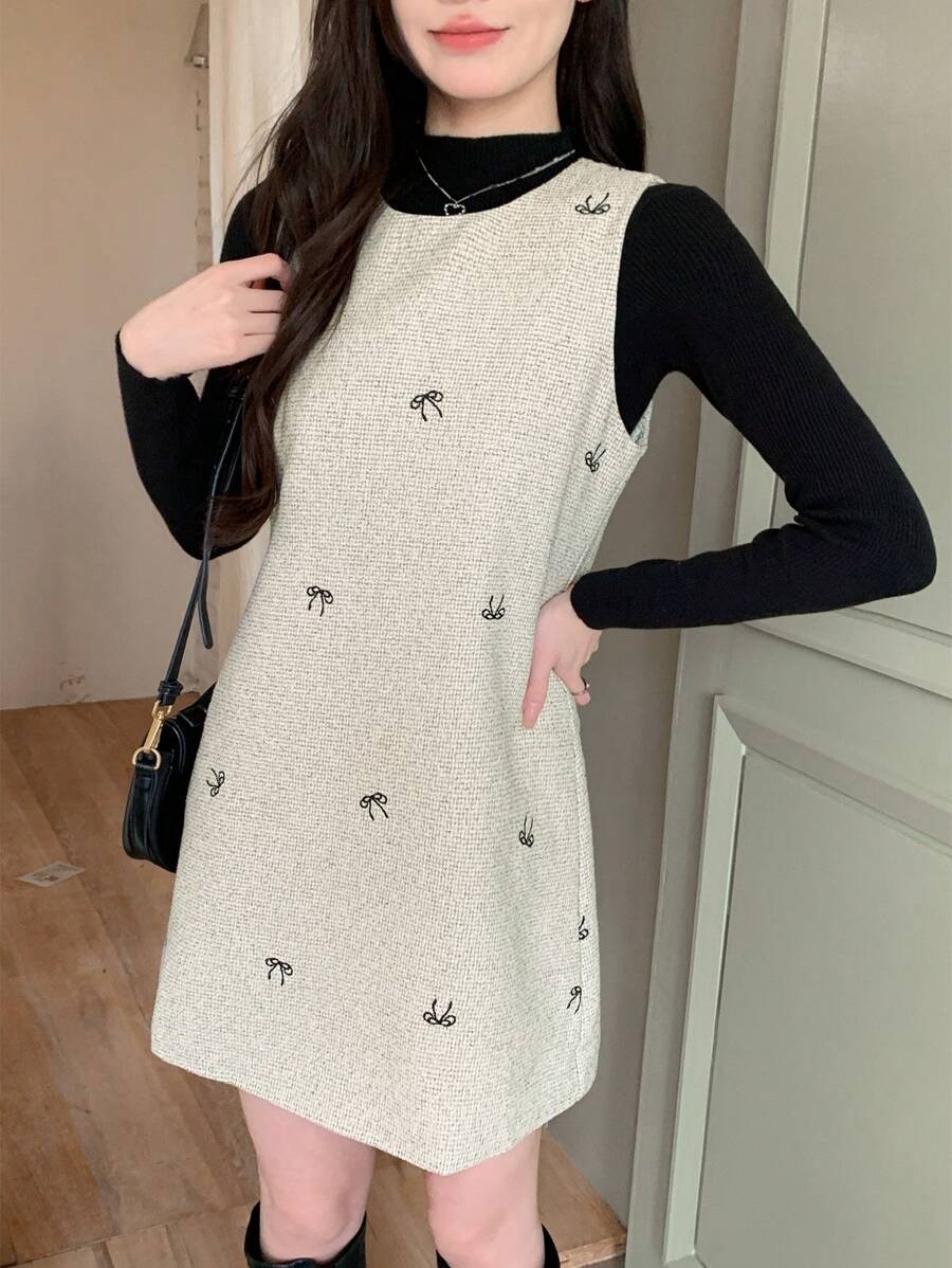 DAZY 1pc Women Bow Embroidered Mid-Length Dress, Cute Style For Autumn/Winter