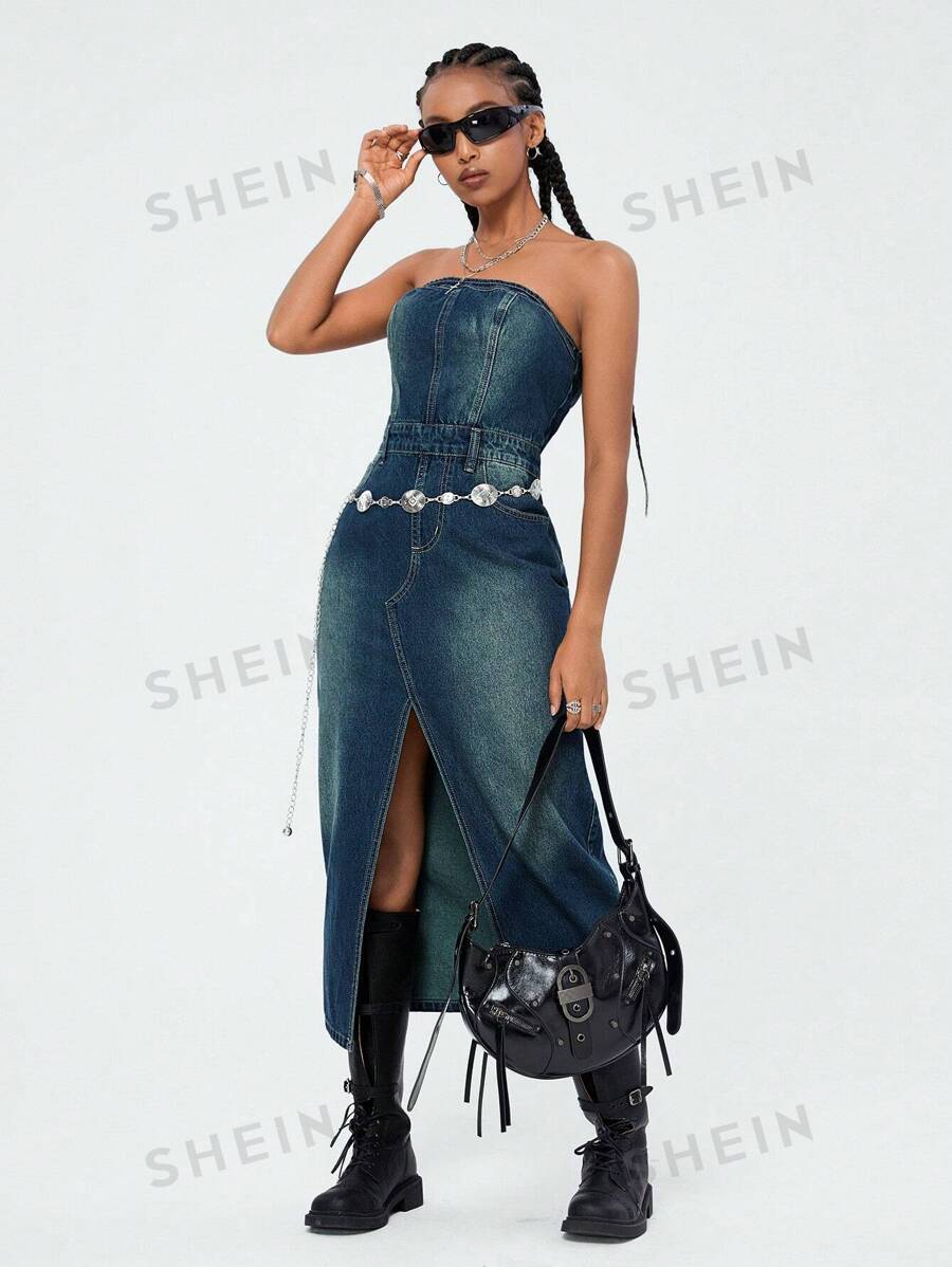 SHEIN EZwear Vestido midi de bustier de denim lavado estilo vintage rave de los 90 para mujer