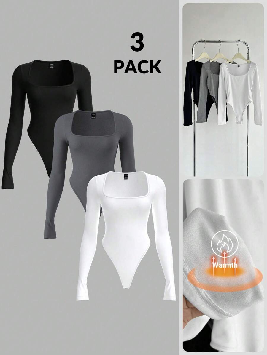 SHEIN BASICS 3pcs/Set Women Solid Color Knit Long Sleeve Crew Neck Bodysuit With Thermal Lined, Warm Tight Fit, Cozy Chic