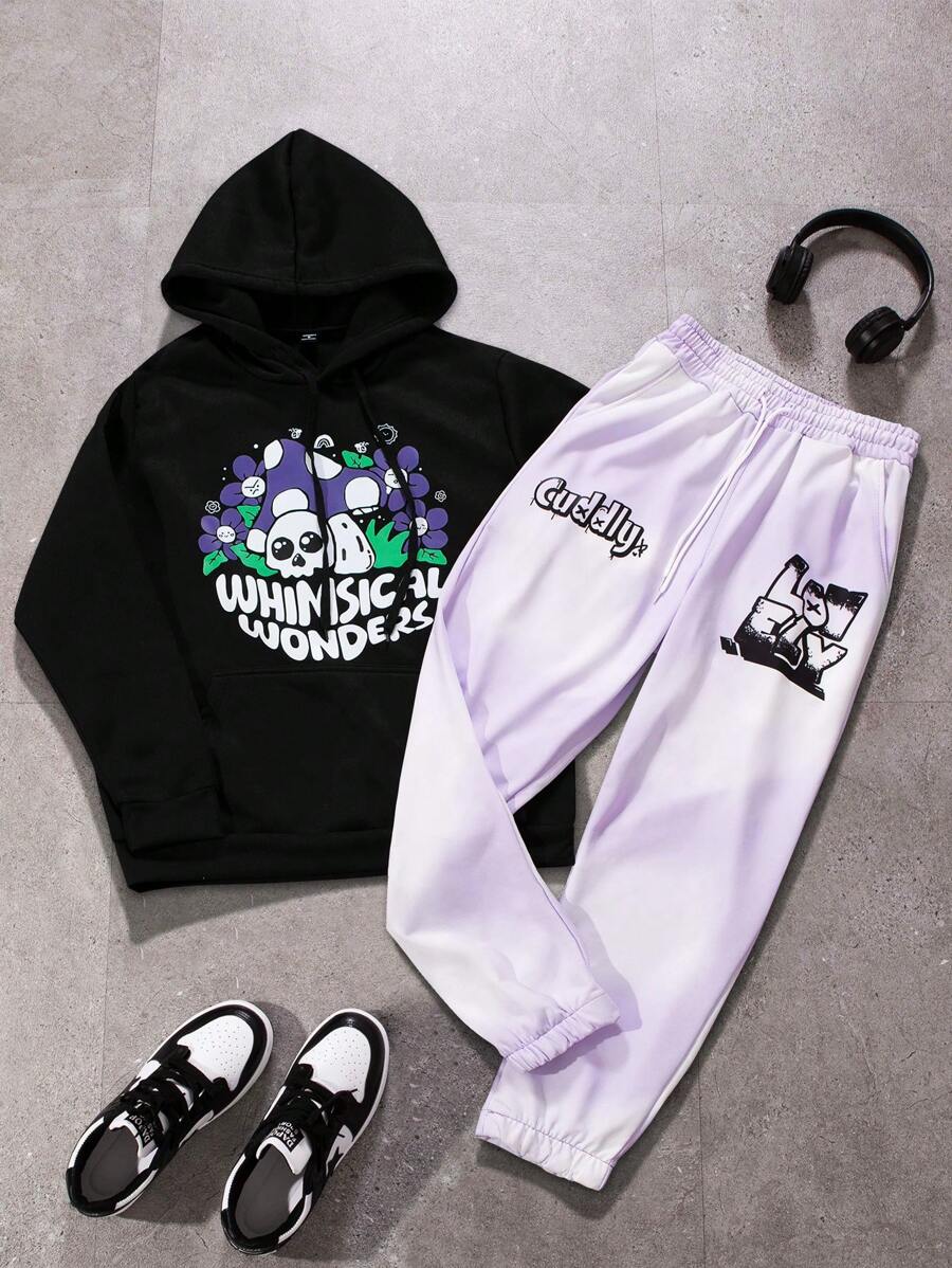 Manfinity Hypemode Young Men's Casual And Fun Mushroom Cartoon Pattern With Letter Print Design, Hooded Black Pullover Sweatshirt And Drawstring Purple Sweatpants Set ,Men Two Pieces Outfits ,Men Tracksuit