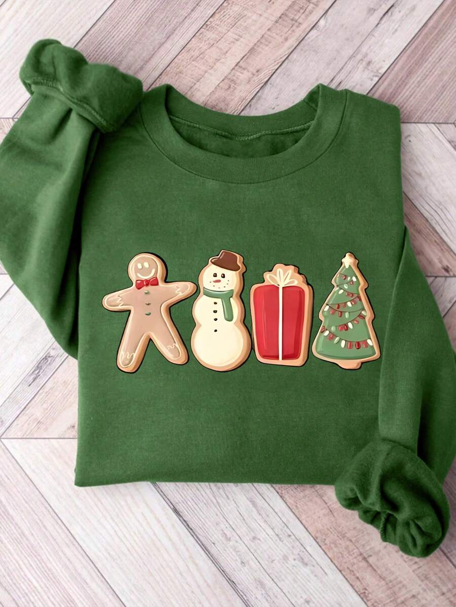 Calvaya Plus Size Women Cartoon Print Fleece Sweatshirt For Christmas, Casual Autumn/Winter