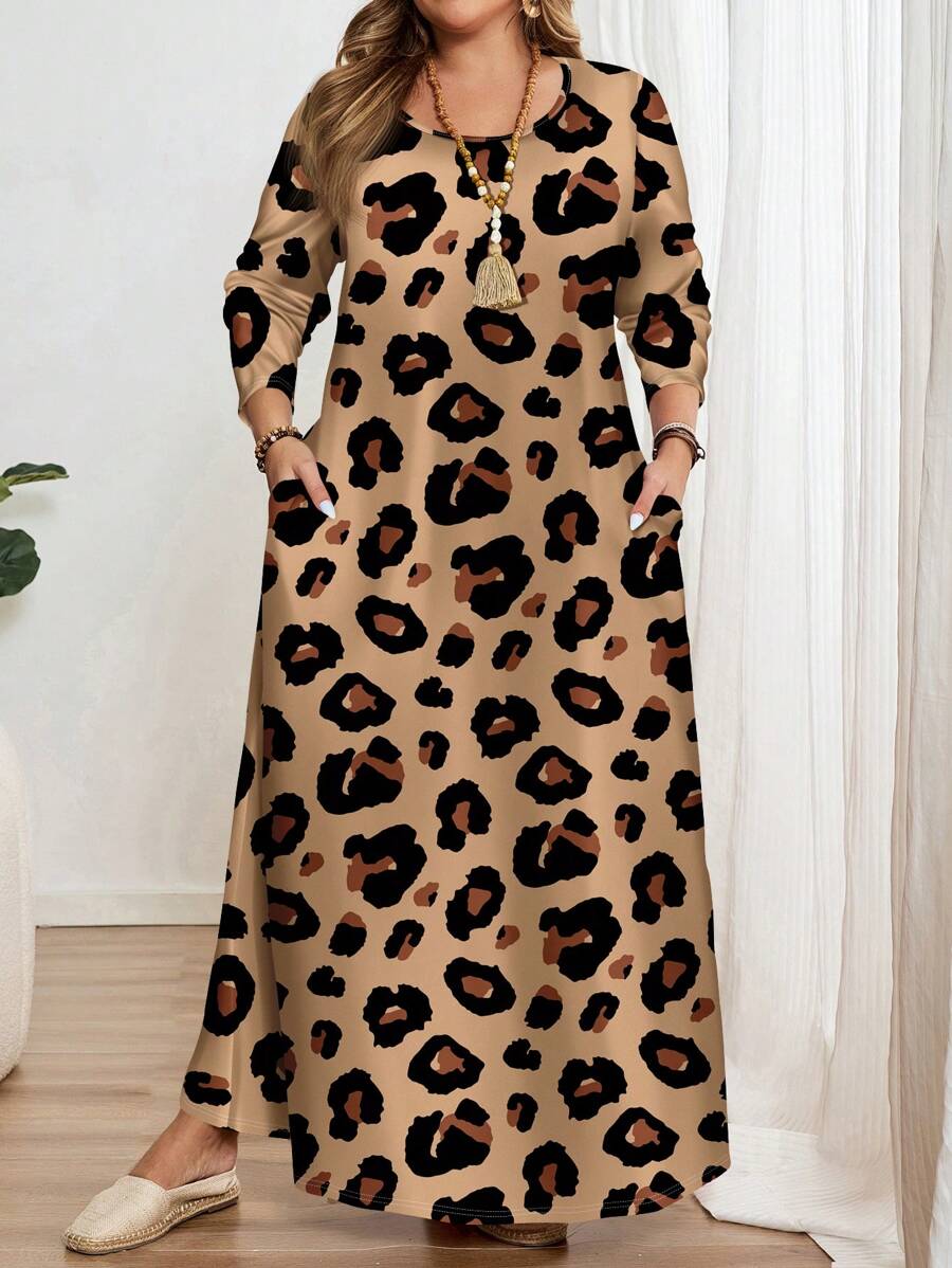 EMERY ROSE Plus Size Leopard Print Long Sleeve Round Neck Dress, Suitable For Autumn/Winter