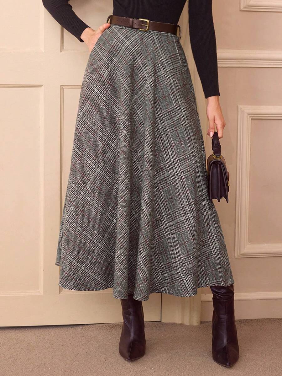 Vintamour Falda con estampado de cuadros de cintura alta estilo elegante y vintage con bolsillos para mujer, falda evasé casual para salir, fiestas, Navidad, otoño, atuendos de Acción de Gracias, de color marrón, burdeos, larga para otoño e invierno