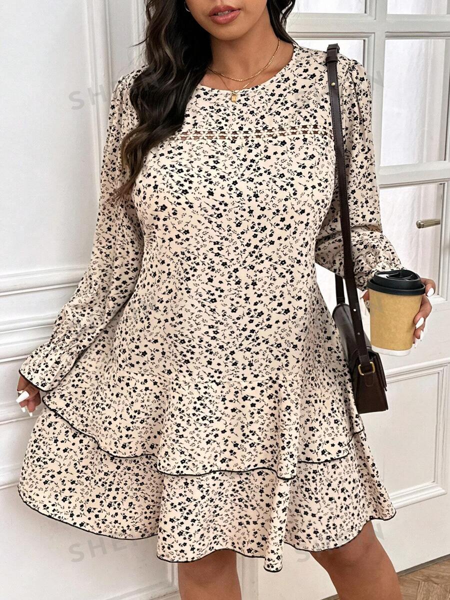 SHEIN Frenchy Vestido de manga larga holgado, casual y cómodo con estampado de flores para mujer de talla grande