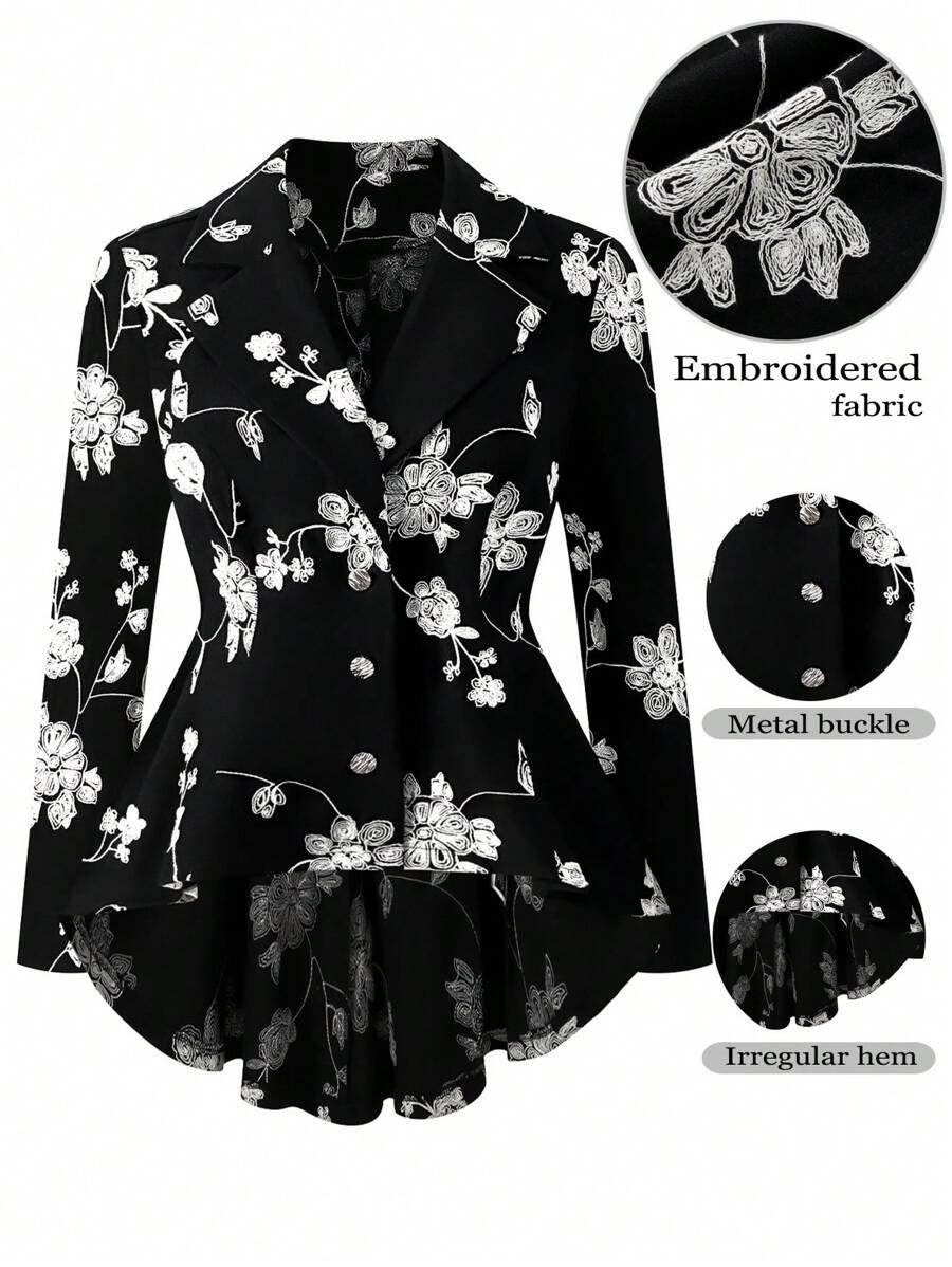 SHEIN Clasi Plus Size Black & White Floral Jacquard High Low Coat