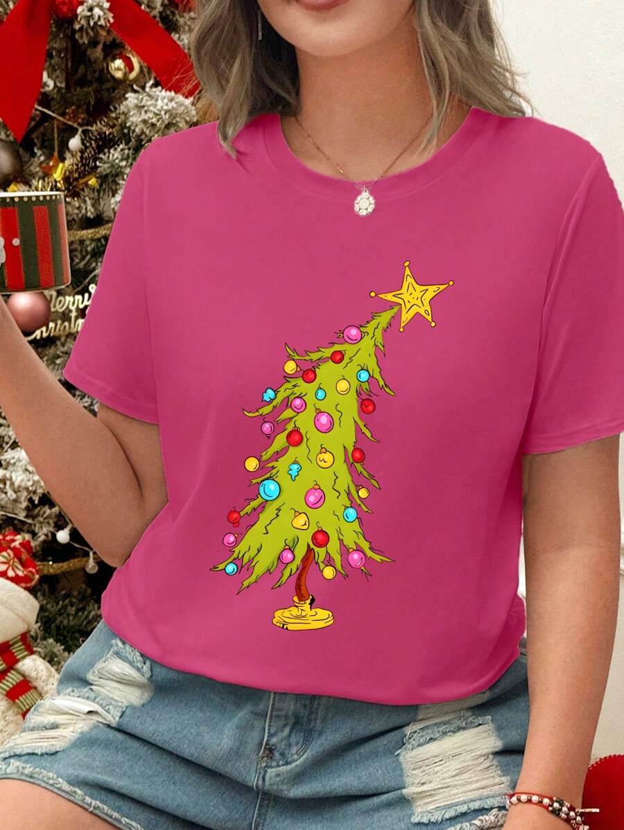 Flirla Plus Size Christmas Printed Short-Sleeved T-Shirt, Rose Red T-Shirt, Christmas Short-Sleeved, Casual Round-Neck Short-Sleeved, Suitable For Summer, Women's Clothing Graphic Tees Women Tops