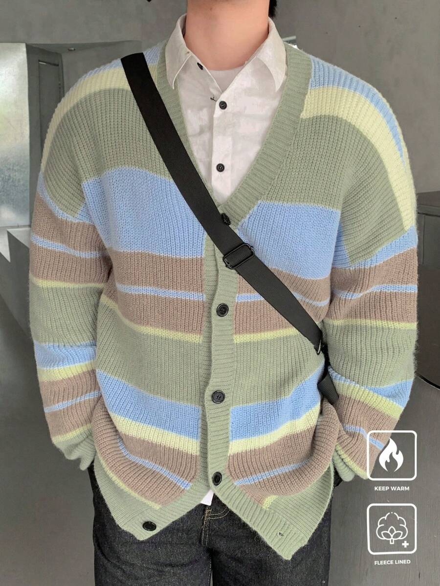 Manfinity Hypemode Men's Casual Striped Color Block Drop Shoulder Loose Button Front Cardigan