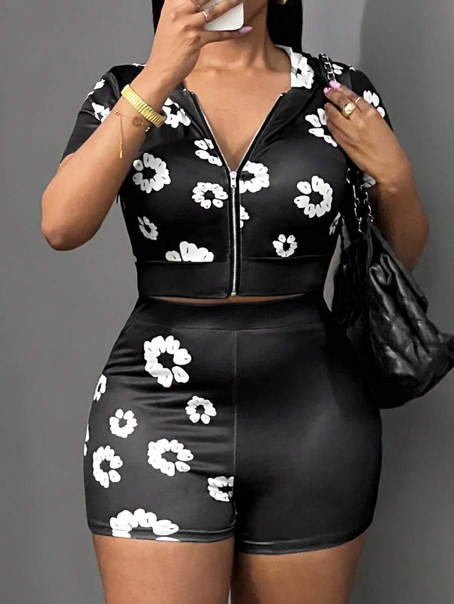 Slaydiva 2pcs/Set Women Casual Flower Print Fitted Sweatsuit
