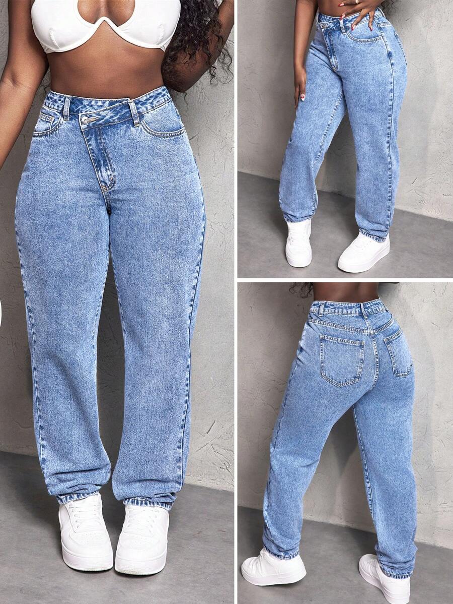 SHEIN Slayr Casual Water-Washed Asymmetric Waist Tapered Jeans