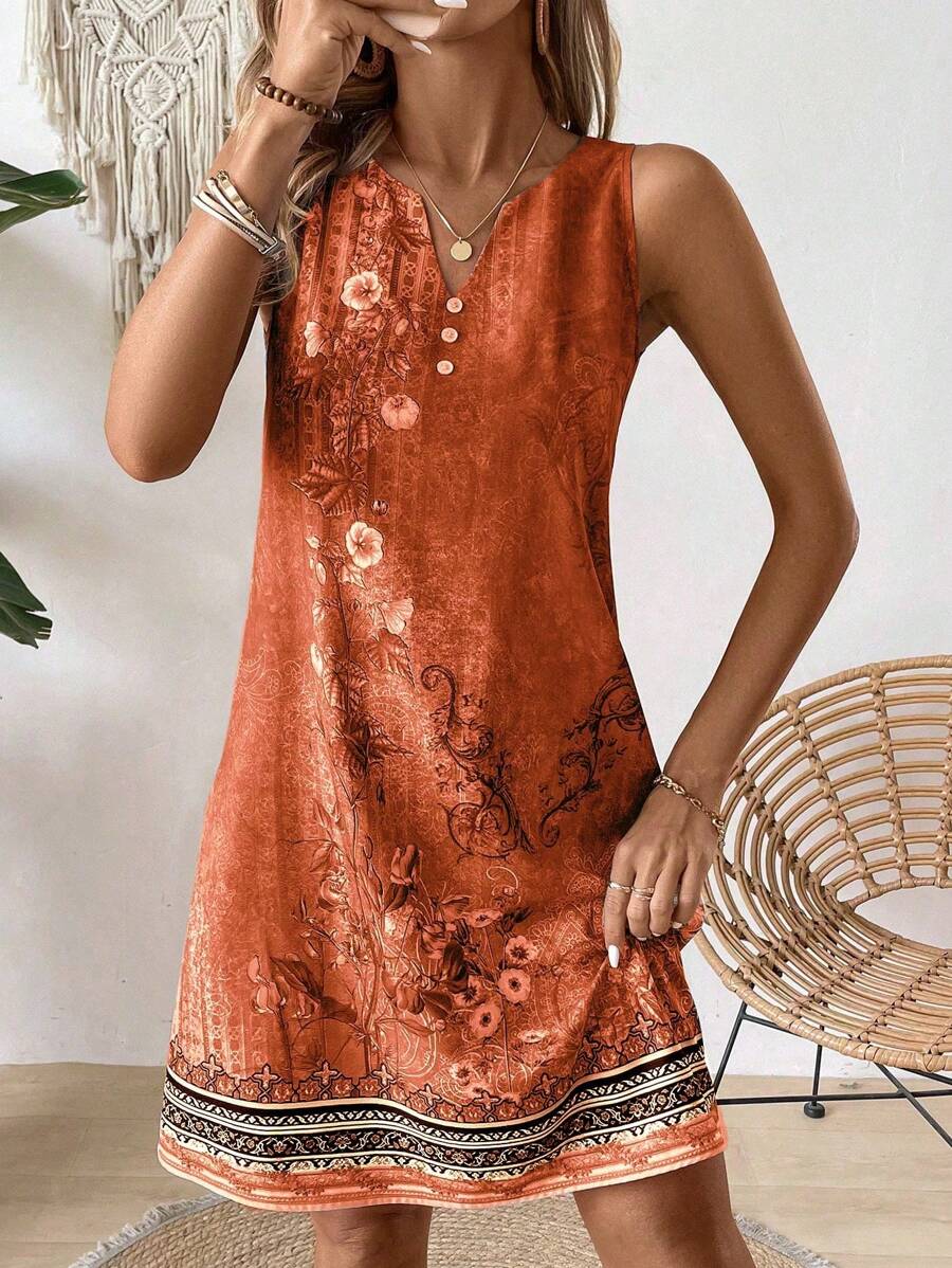 SHEIN LUNE Dames zomervakantiestijl bloemenprint ingekeepte v-hals losse tankjurk