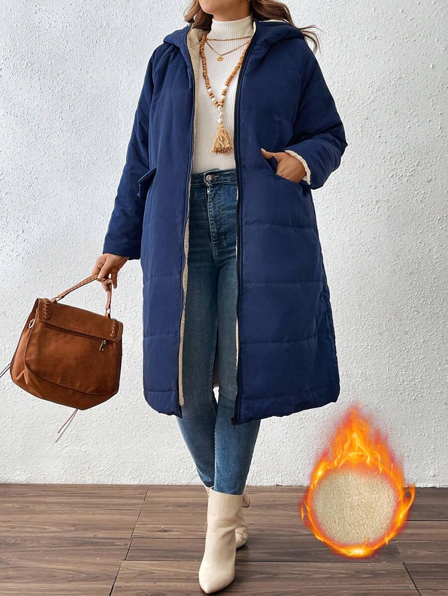 SHEIN LUNE Vêtements d'hiver pour femmes grande taille, couleur unie, manteau rembourré à capuche longue, col montant, fermeture éclair intégrale, doublure thermique, style casual