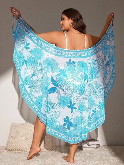 Plus Size Summer Floral Print Beach Cover-Up Wrap Dress Swim Wear Cover Up