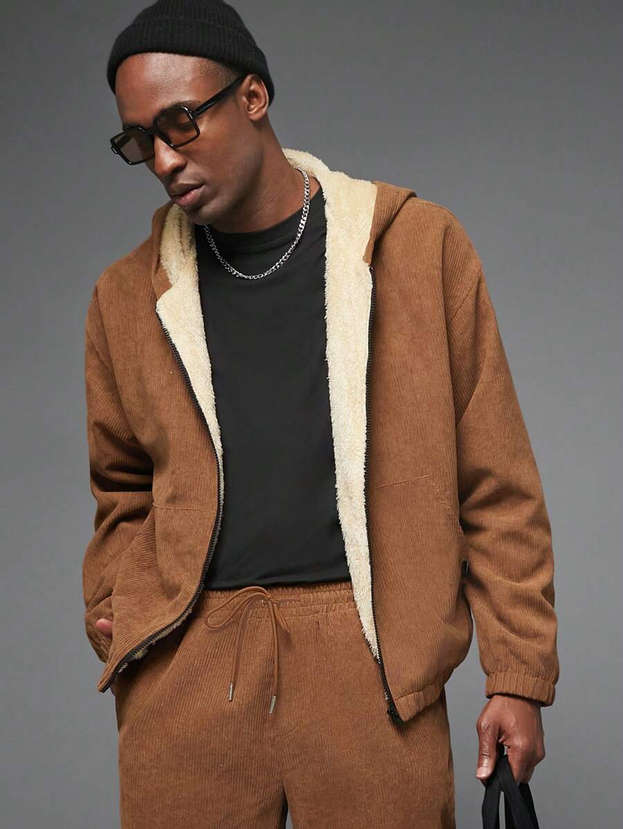 Manfinity VCAY 2pcs Men's Relaxed Fit Open Front Cardigan Jacket Set With Thermal Lined, Suitable For Autumn/Winter