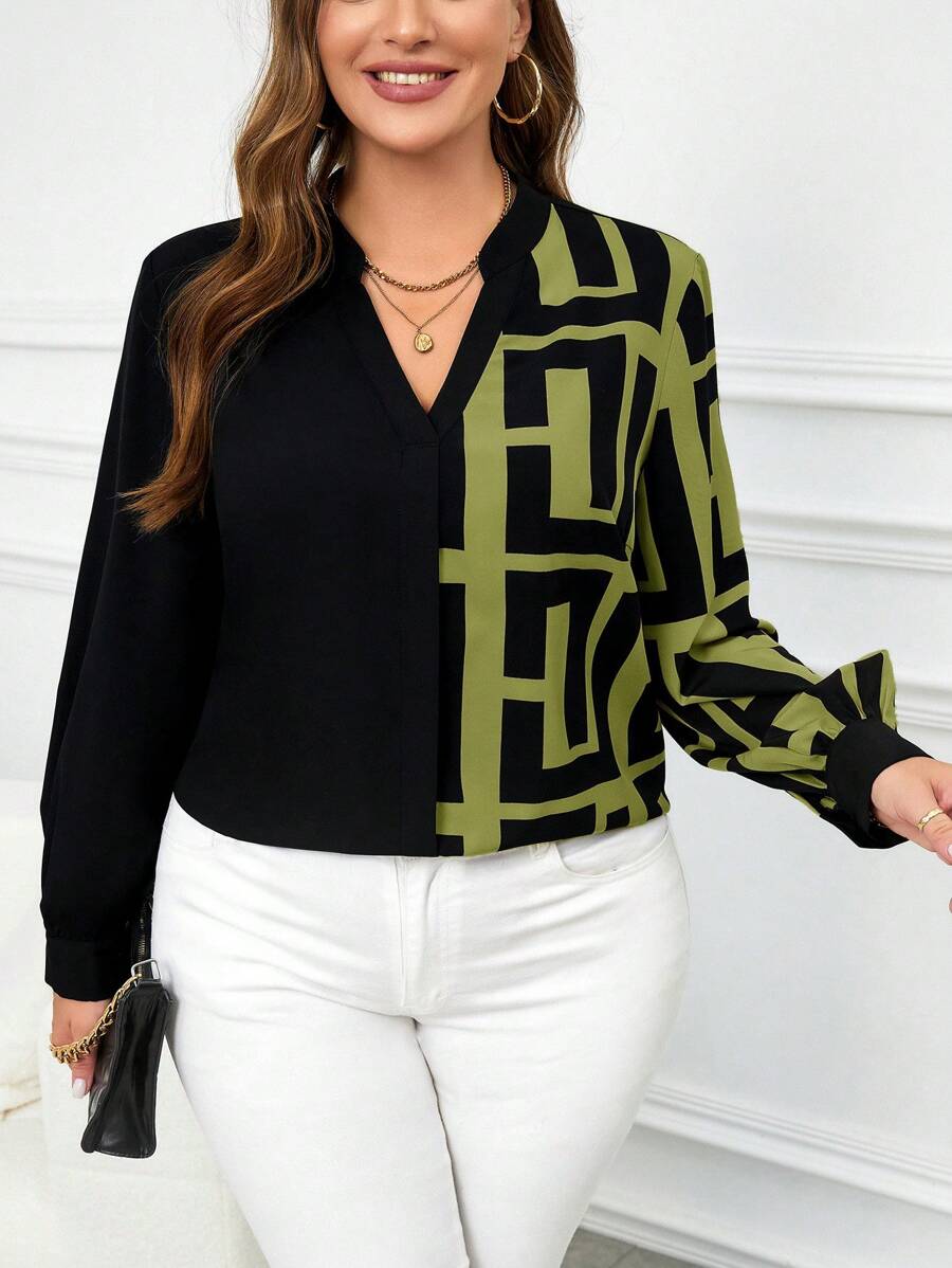 SHEIN Clasi Blusa elegante de manga larga con cuello con muesca, estampado geométrico y contraste de colores para tallas grandes