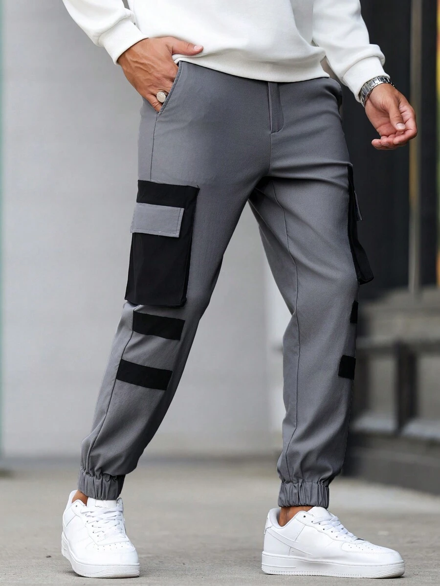 Manfinity Homme Men's Contrast Color Casual Sports Pants, Slim Tapered, Elasticated Cuffs, Zipper, Large Contrast Pockets, Mature Casual Trousers