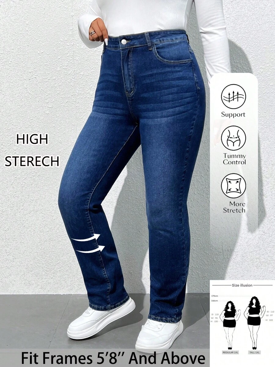 SHEIN Tall CURVE Plus Size Women Straight Leg Pockets Casual Versatile Denim Jeans, Fall Women Clothes