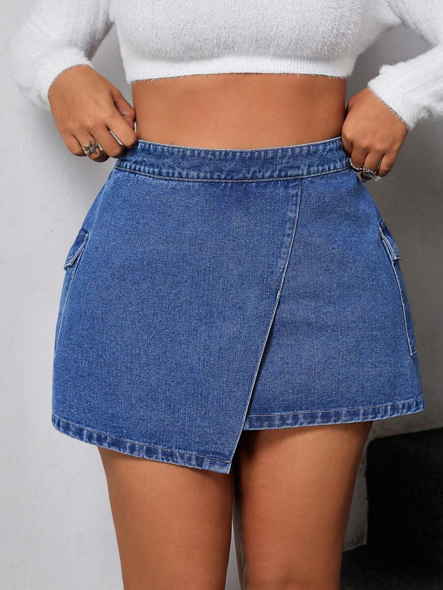 SHEIN ICON Plus Size Casual Washed Asymmetric Utility Denim Skirt