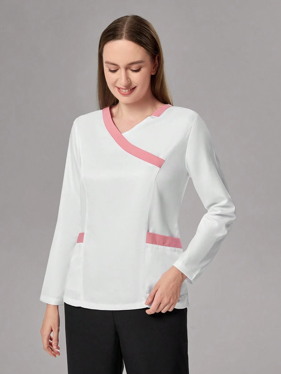 TaskEZ Blusa de uniforme casual tipo bata con mangas largas, bolsillo y bloqueo de color para mujeres