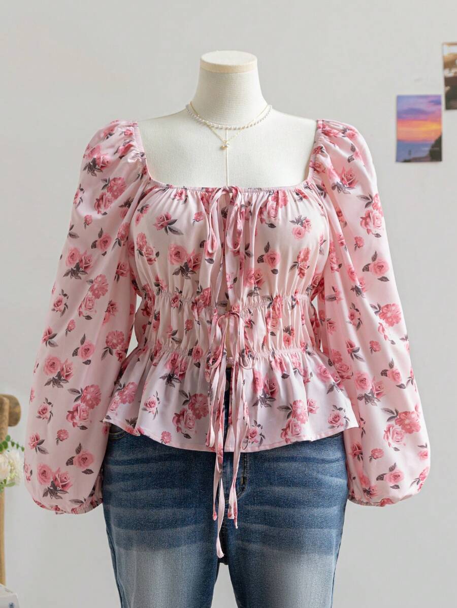 Soleia Plus Size Ladies Winter Christmas Women's Dresses, New Year's Eve Women's Dresses, Pink Cute Floral Square Neck Long Sleeve Shirt