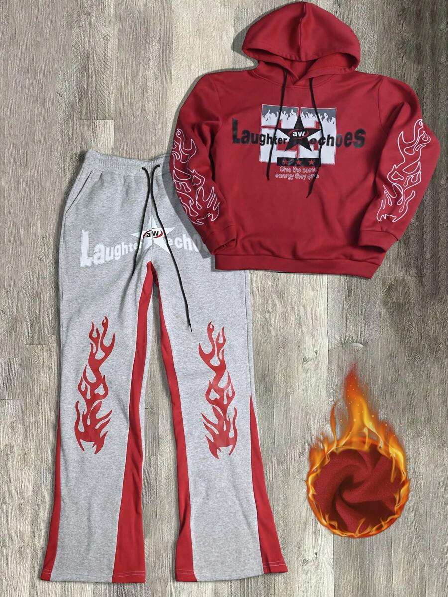 Manfinity EMRG Conjunto casual de talla grande para hombre con sudadera con capucha de manga larga con estampado de estrella y letra, y pantalón de chándal en otoño