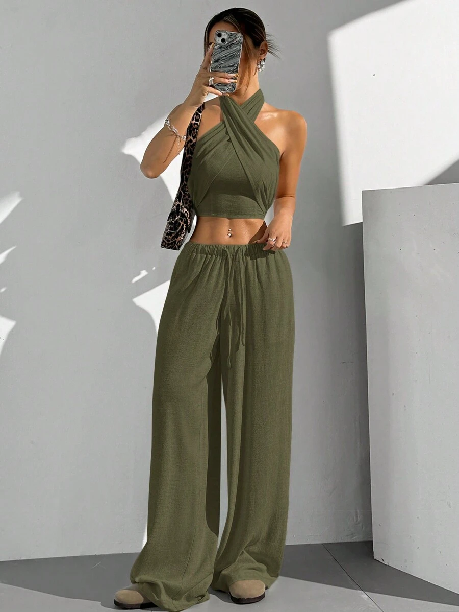 SHEIN EZwear Women Solid Crossover Cropped Top And Pants 2 Pieces Set, Casual Outfit