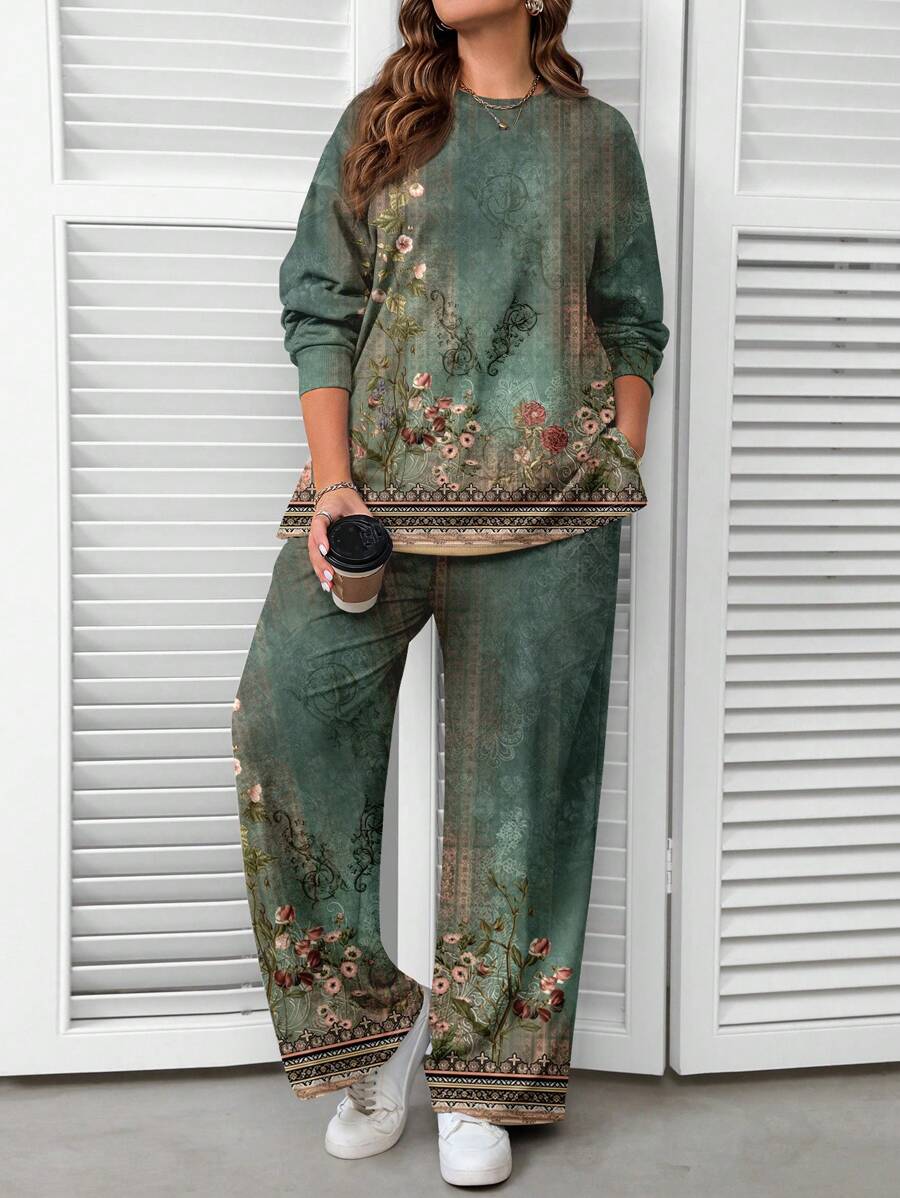EMERY ROSE Vintage Floral Print Casual Minimalist Plus Size Sweatshirt Set, Spring & Autumn